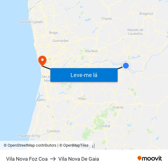Vila Nova Foz Coa to Vila Nova De Gaia map