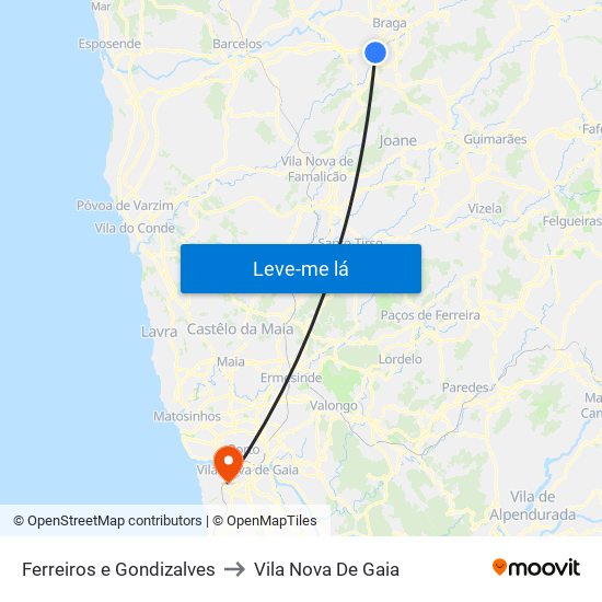 Ferreiros e Gondizalves to Vila Nova De Gaia map