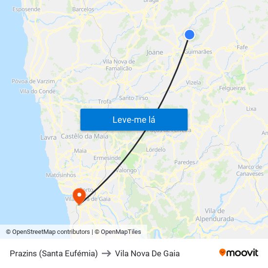 Prazins (Santa Eufémia) to Vila Nova De Gaia map