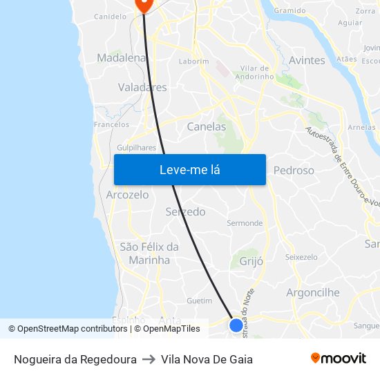 Nogueira da Regedoura to Vila Nova De Gaia map