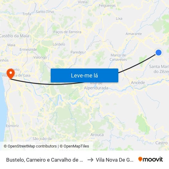 Bustelo, Carneiro e Carvalho de Rei to Vila Nova De Gaia map