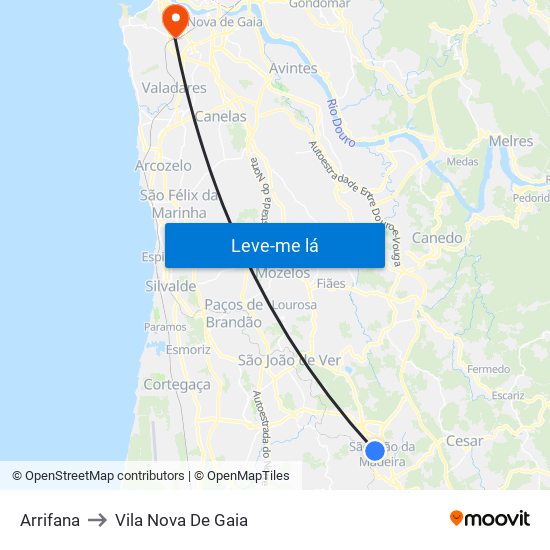 Arrifana to Vila Nova De Gaia map