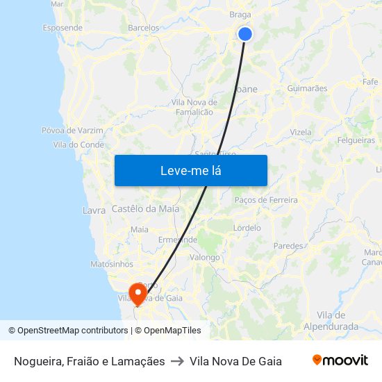 Nogueira, Fraião e Lamaçães to Vila Nova De Gaia map