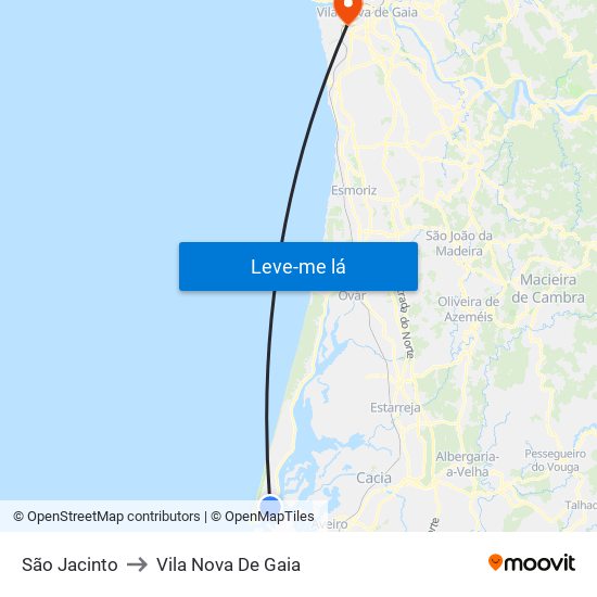 São Jacinto to Vila Nova De Gaia map