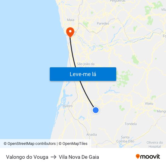 Valongo do Vouga to Vila Nova De Gaia map