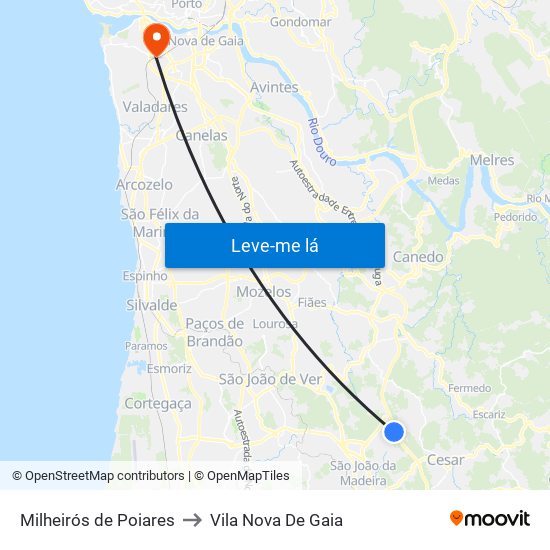 Milheirós de Poiares to Vila Nova De Gaia map