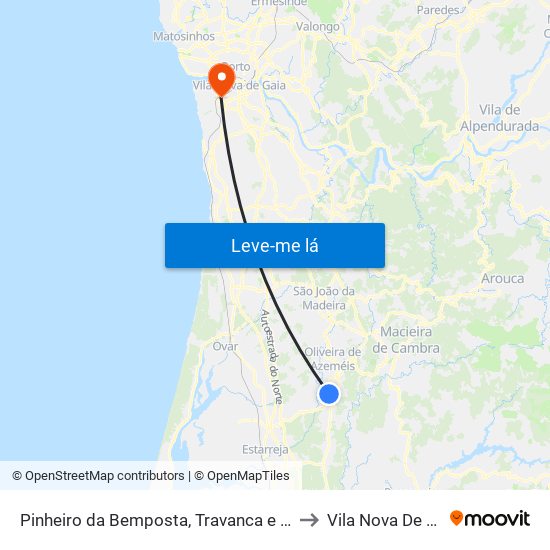 Pinheiro da Bemposta, Travanca e Palmaz to Vila Nova De Gaia map