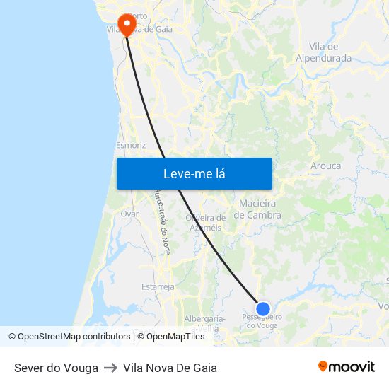 Sever do Vouga to Vila Nova De Gaia map