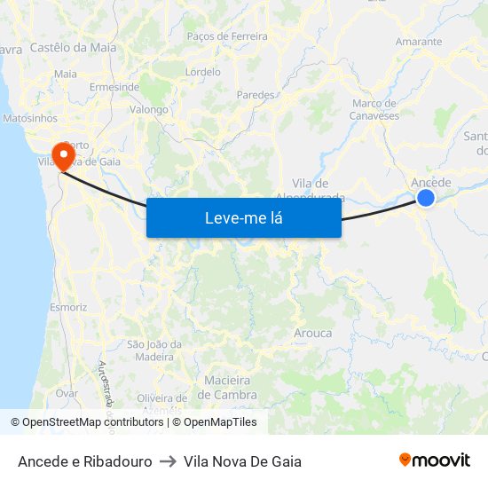 Ancede e Ribadouro to Vila Nova De Gaia map