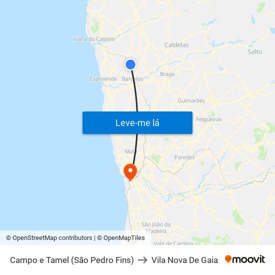 Campo e Tamel (São Pedro Fins) to Vila Nova De Gaia map