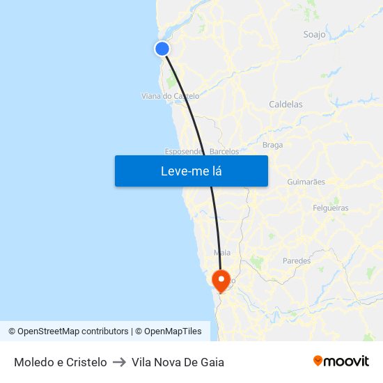 Moledo e Cristelo to Vila Nova De Gaia map