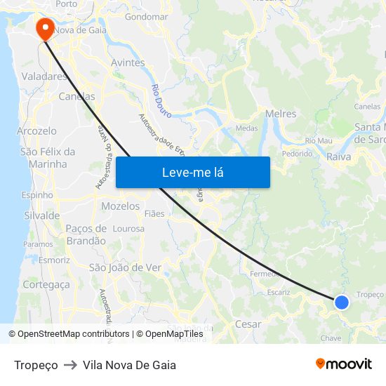 Tropeço to Vila Nova De Gaia map