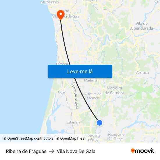 Ribeira de Fráguas to Vila Nova De Gaia map