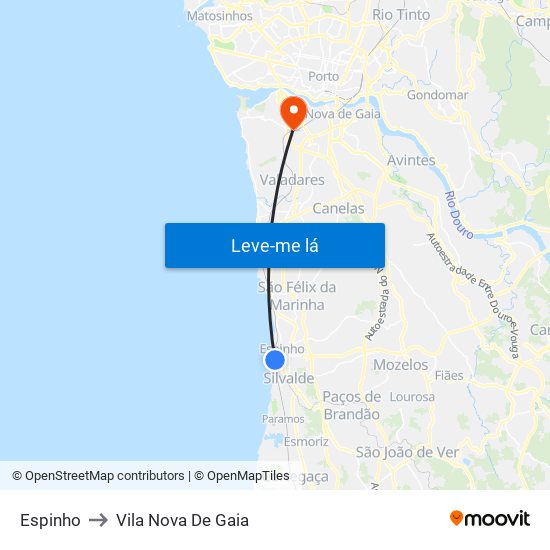 Espinho to Vila Nova De Gaia map