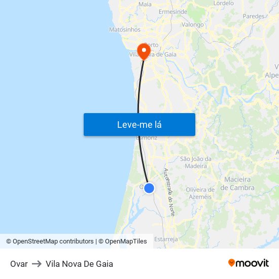 Ovar to Vila Nova De Gaia map