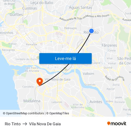 Rio Tinto to Vila Nova De Gaia map