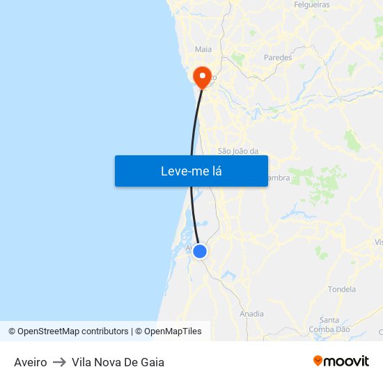 Aveiro to Vila Nova De Gaia map