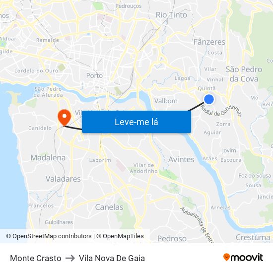 Monte Crasto to Vila Nova De Gaia map