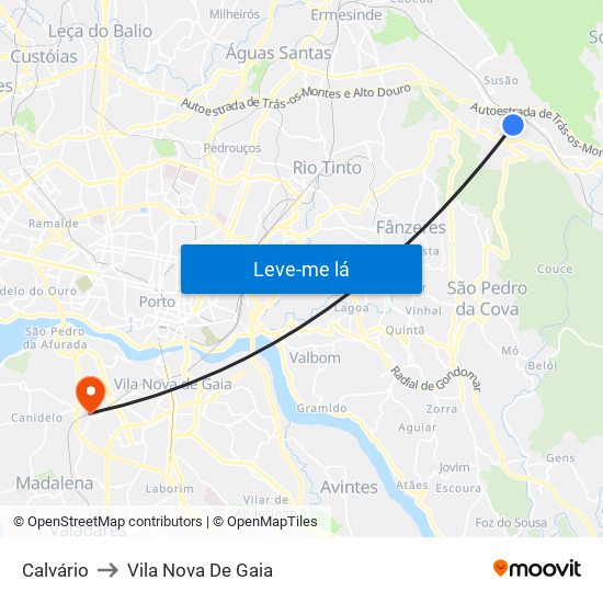 Calvário to Vila Nova De Gaia map