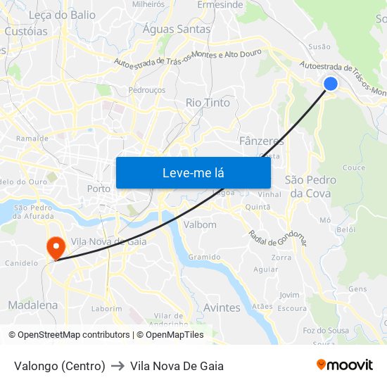 Valongo (Centro) to Vila Nova De Gaia map