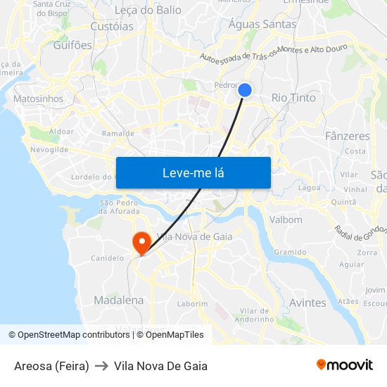 Areosa (Feira) to Vila Nova De Gaia map