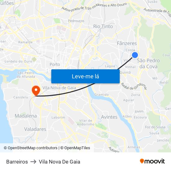 Barreiros to Vila Nova De Gaia map