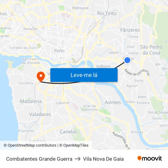Combatentes Grande Guerra to Vila Nova De Gaia map
