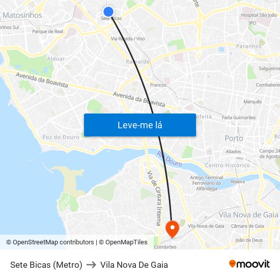Sete Bicas (Metro) to Vila Nova De Gaia map