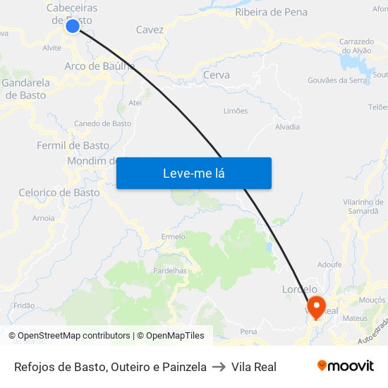 Refojos de Basto, Outeiro e Painzela to Vila Real map