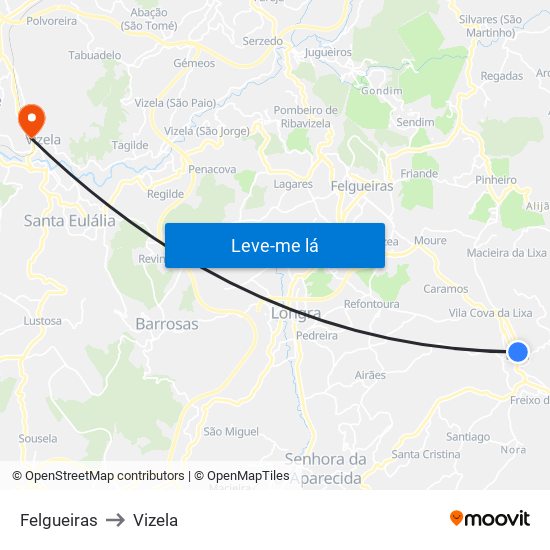 Felgueiras to Vizela map