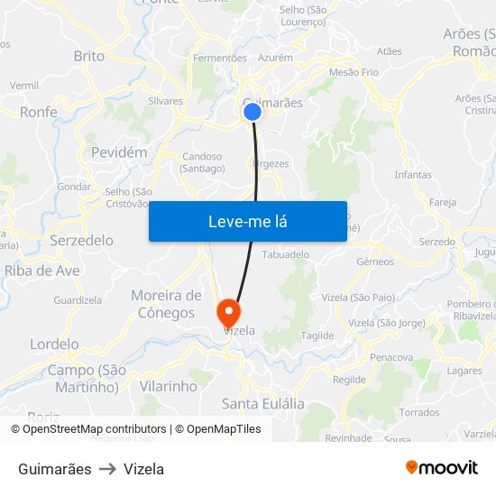 Guimarães to Vizela map