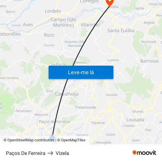 Paços De Ferreira to Vizela map