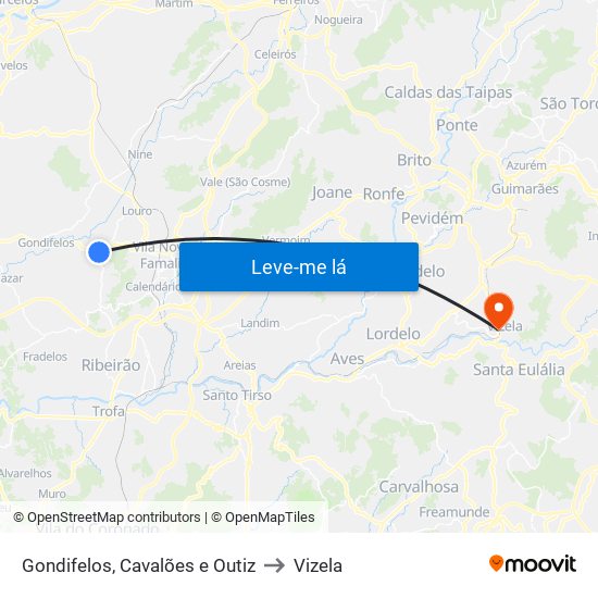 Gondifelos, Cavalões e Outiz to Vizela map