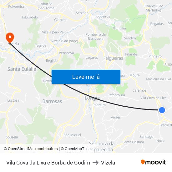 Vila Cova da Lixa e Borba de Godim to Vizela map