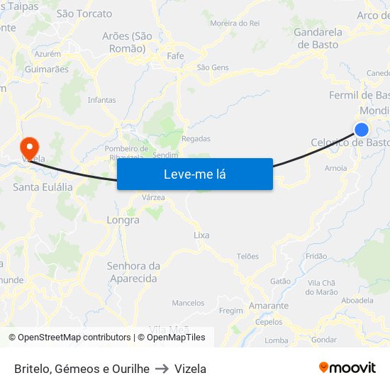 Britelo, Gémeos e Ourilhe to Vizela map