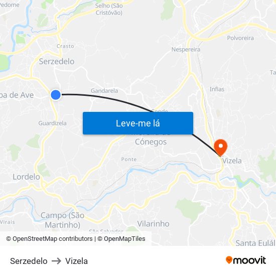 Serzedelo to Vizela map