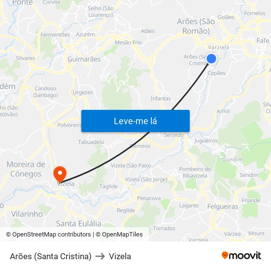 Arões (Santa Cristina) to Vizela map