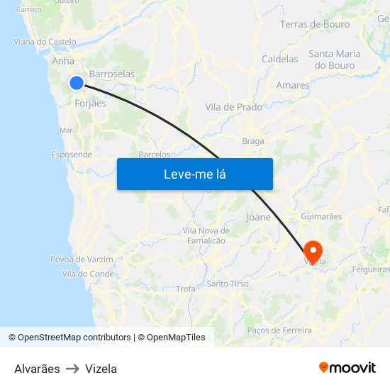 Alvarães to Vizela map
