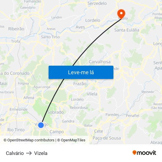 Calvário to Vizela map