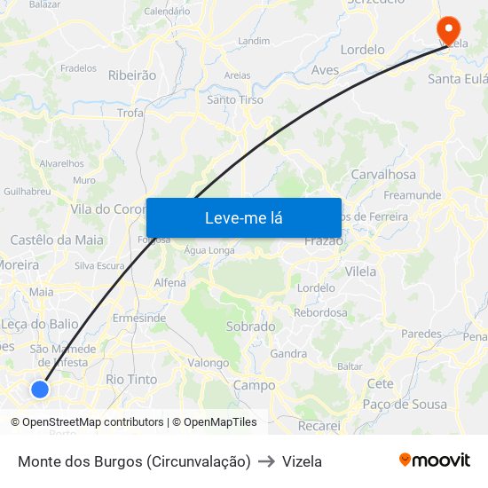 Monte dos Burgos (Circunvalação) to Vizela map