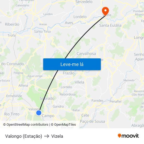 Valongo (Estação) to Vizela map