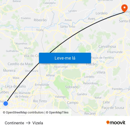 Continente to Vizela map