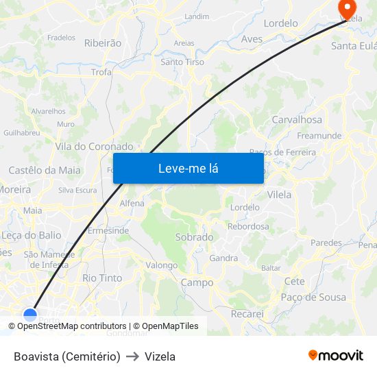 Boavista (Cemitério) to Vizela map
