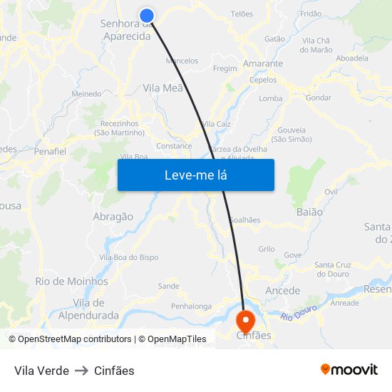Vila Verde to Cinfães map