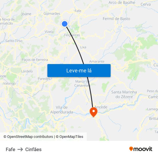Fafe to Cinfães map