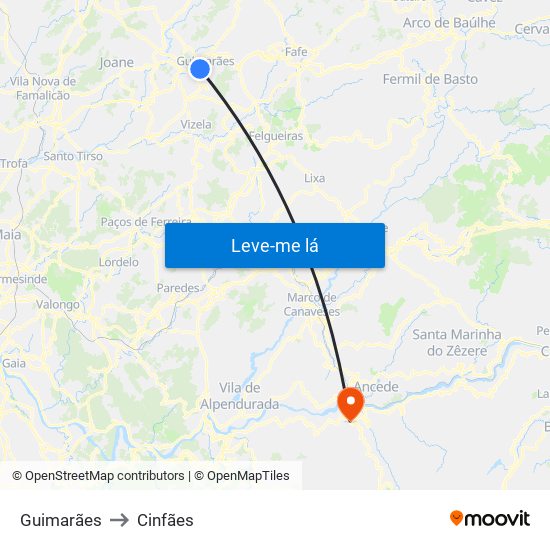 Guimarães to Cinfães map