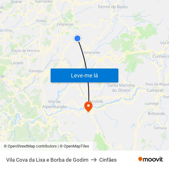 Vila Cova da Lixa e Borba de Godim to Cinfães map