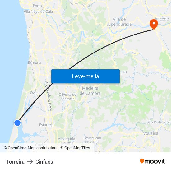 Torreira to Cinfães map