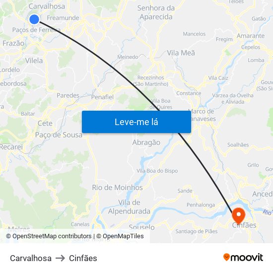 Carvalhosa to Cinfães map
