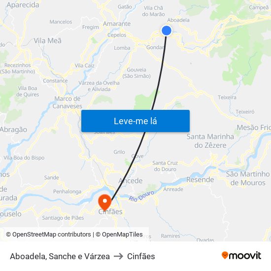 Aboadela, Sanche e Várzea to Cinfães map